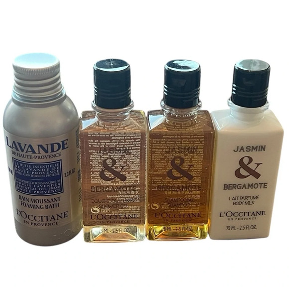 L’OCCITANE 4 Pc Set Travel Size Toiletries Shampoo Shower Gel Lotion Bubble Bath - Picture 1 of 4